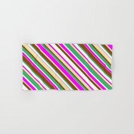 [ Thumbnail: Eye-catching Sea Green, White, Fuchsia, Pale Goldenrod, and Brown Colored Lined/Striped Pattern Hand & Bath Towel ]
