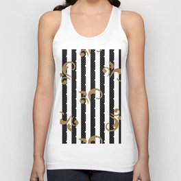 Gold Lace Paisley and White Dots on Black and White Stripes Unisex Tank Top