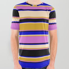 [ Thumbnail: Colorful Blue, Bisque, Goldenrod, Orchid, and Black Colored Stripes Pattern All Over Graphic Tee ]