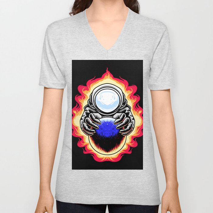 Astronaut Fire Moon V Neck T Shirt
