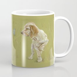 The First Spring Butterfly English Setter Puppy Pastel Drawing on green background Coffee Mug