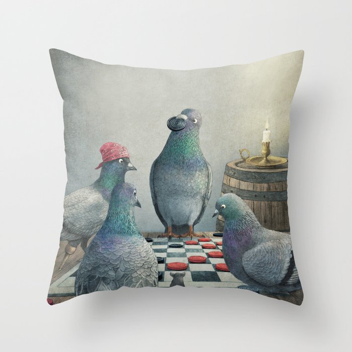 Checker Playing Pirate Pigeons Throw Pillow