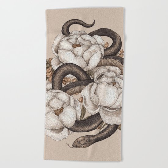 Snake and Peonies Beach Towel