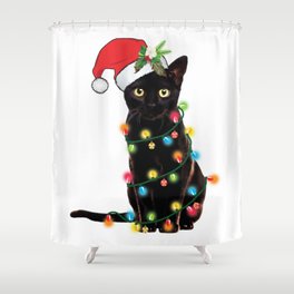 Santa Black Cat Tangled Up In Lights Christmas Santa Graphic Shower Curtain