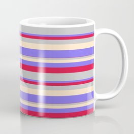 [ Thumbnail: Crimson, Grey, Bisque & Medium Slate Blue Colored Lined Pattern Coffee Mug ]