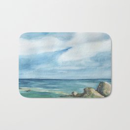 2019 Watercolor Sea Scape Series 002 Watercolor Painting Bath Mat | Sky, Ocean, Sea, Rock, Nature, Blue, Rocks, Green, Waters, Beautiful 