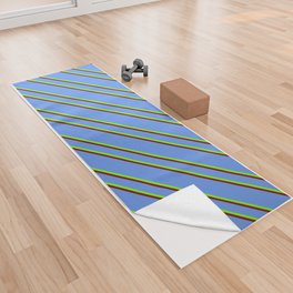 [ Thumbnail: Cornflower Blue, Green, and Maroon Colored Stripes/Lines Pattern Yoga Towel ]