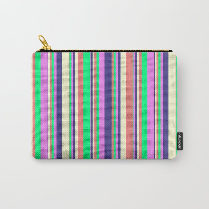 Vibrant Light Coral, Green, Violet, Dark Slate Blue, and Light Yellow Colored Pattern of Stripes Carry-All Pouch