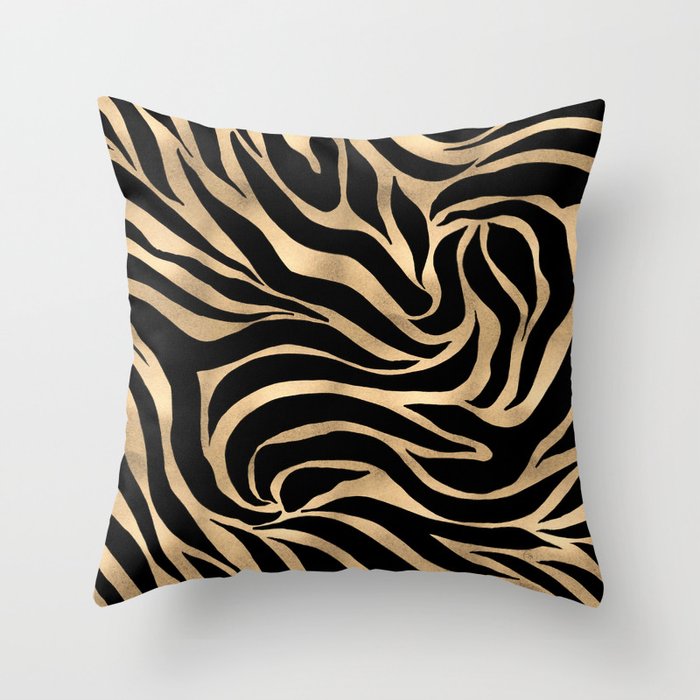 Elegant Metallic Gold Zebra Black Animal Print Throw Pillow