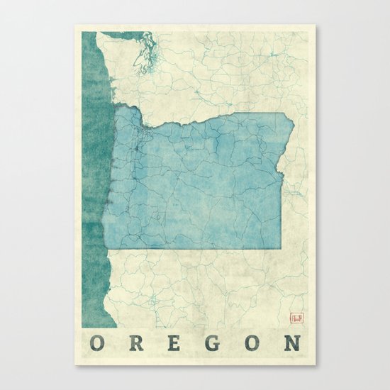 Oregon State Map Blue Vintage Canvas Print