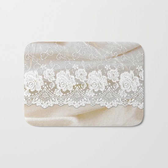 Bride lace - Luxury white floral elegant lace on cream silk fabric on #Society6 Bath Mat