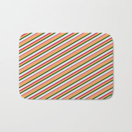[ Thumbnail: Brown, Dark Green, Lavender, and Crimson Colored Stripes/Lines Pattern Bath Mat ]