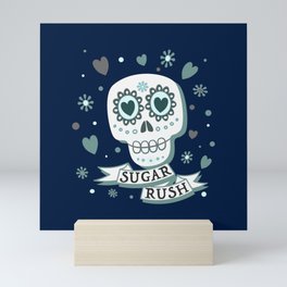 Sugar Rush Skull - Navy White & Turquoise Green Mini Art Print