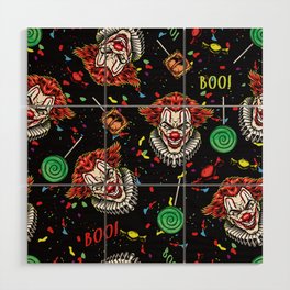 Halloween party vintage colorful seamless pattern with spooky clown heads with paper collar candies lollipops Boo inscriptions confetti vintage illustration Wood Wall Art