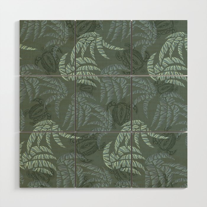 Hawaiian Emerald Turtles and Palm Leaves Pattern Wood Wall Art
