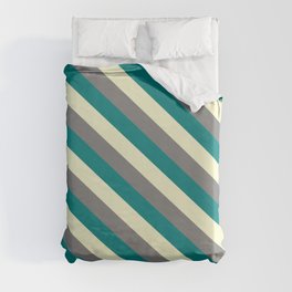 [ Thumbnail: Light Yellow, Gray & Teal Colored Lined/Striped Pattern Duvet Cover ]