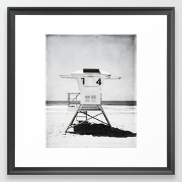 Black and White Beach Photography, Grey Lifeguard Stand, Gray Coastal Nautical Art Framed Art Print