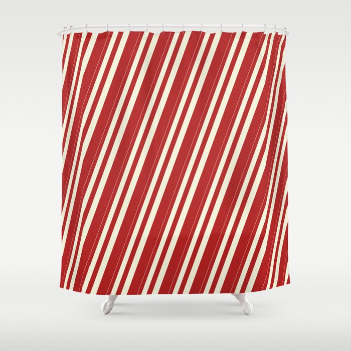 Beige & Red Colored Lined/Striped Pattern Shower Curtain