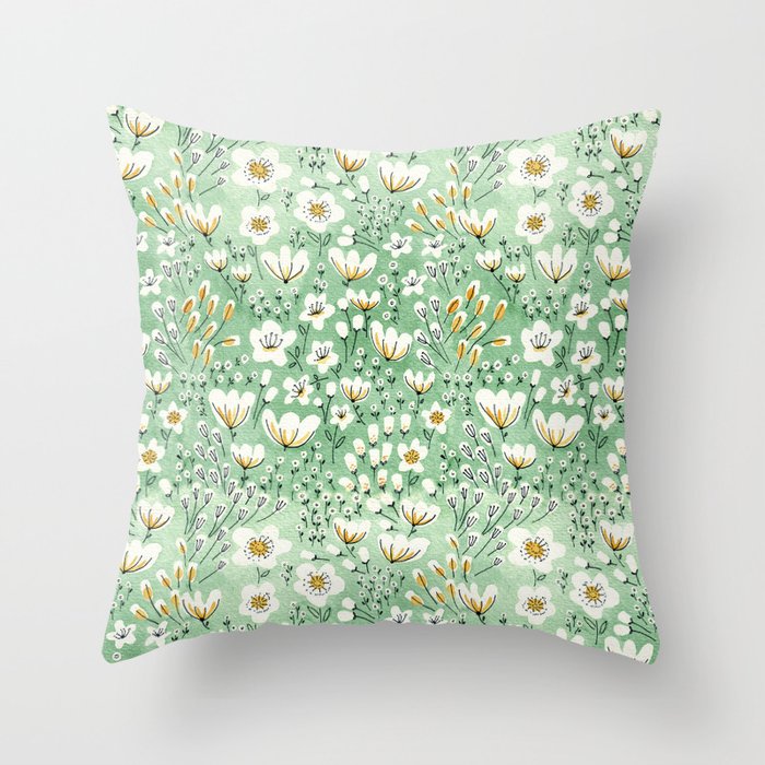 Green Flowers Watercolor Throw Pillow