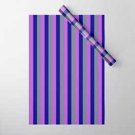 [ Thumbnail: Orchid, Slate Gray, and Dark Blue Colored Lined/Striped Pattern Wrapping Paper ]