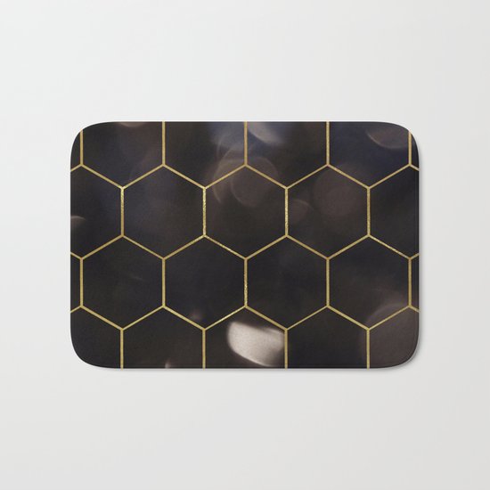 Dark bokeh gold hexagons Bath Mat