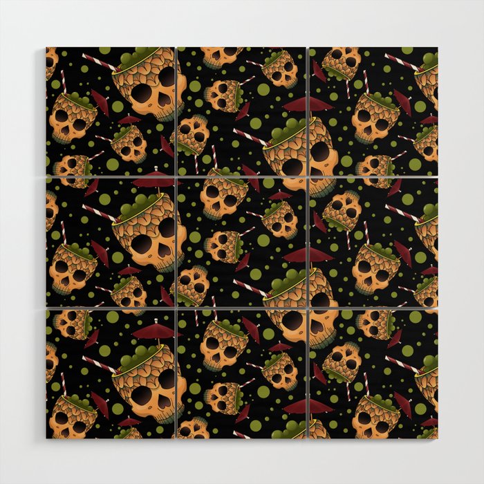 Gothic Summer Skull Pineapple Cocktail - Black Wood Wall Art