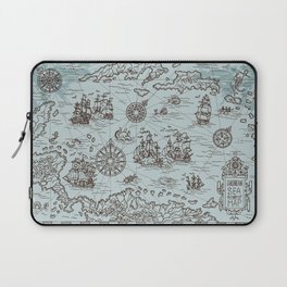 Old map of the Caribbean Sea with pirate ships, treasure islands, fantasy creatures. Pirate adventures, treasure hunt and old transportation concept. Hand drawn vintage illustration, vintage background Laptop Sleeve