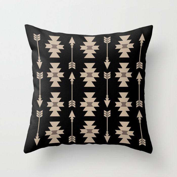 Southwestern Arrow Pattern 233 Black and Beige Throw Pillow