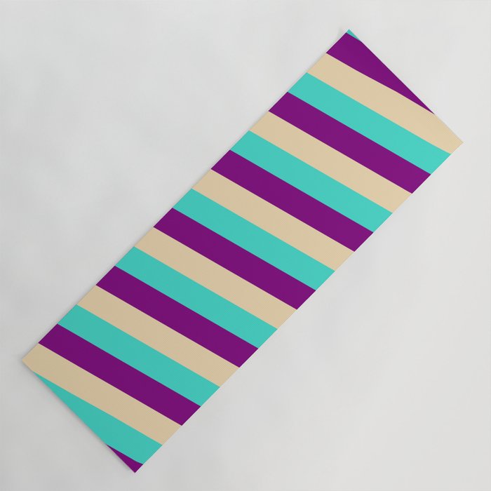 Turquoise, Purple & Tan Colored Stripes/Lines Pattern Yoga Mat