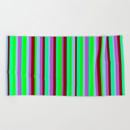 [ Thumbnail: Eye-catching Orchid, Sky Blue, Lime, Green & Dark Red Colored Lined Pattern Beach Towel ]