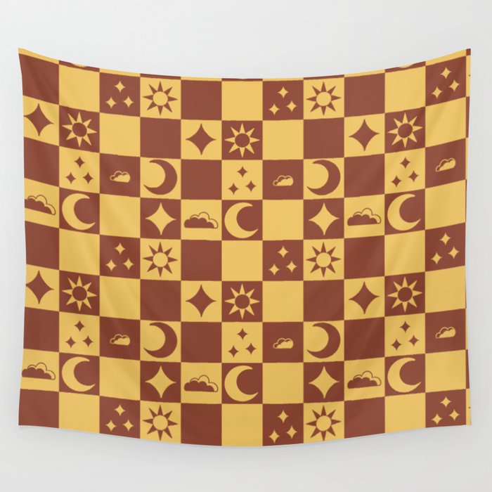 Medieval Celestial Banner Pattern in Red Wall Tapestry
