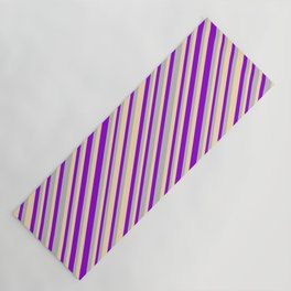 [ Thumbnail: Dark Violet, Grey, and Beige Colored Striped Pattern Yoga Mat ]