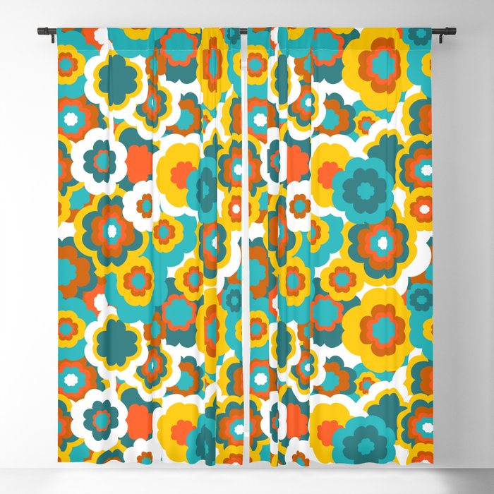 Retro 70s Bold Large-Scale Flowers with Teal, Orange and Yellow Blackout Curtain