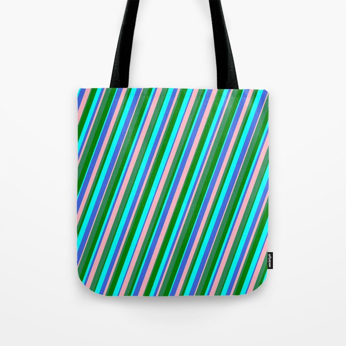 Eye-catching Cyan, Royal Blue, Light Pink, Sea Green & Green Colored Striped Pattern Tote Bag