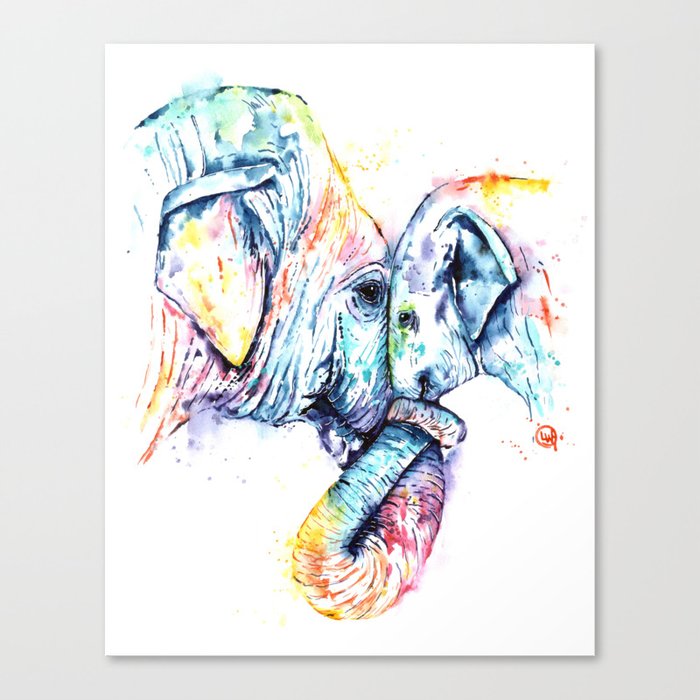 Elephant Mom And Baby Painting Colorful Watercolor Painting By