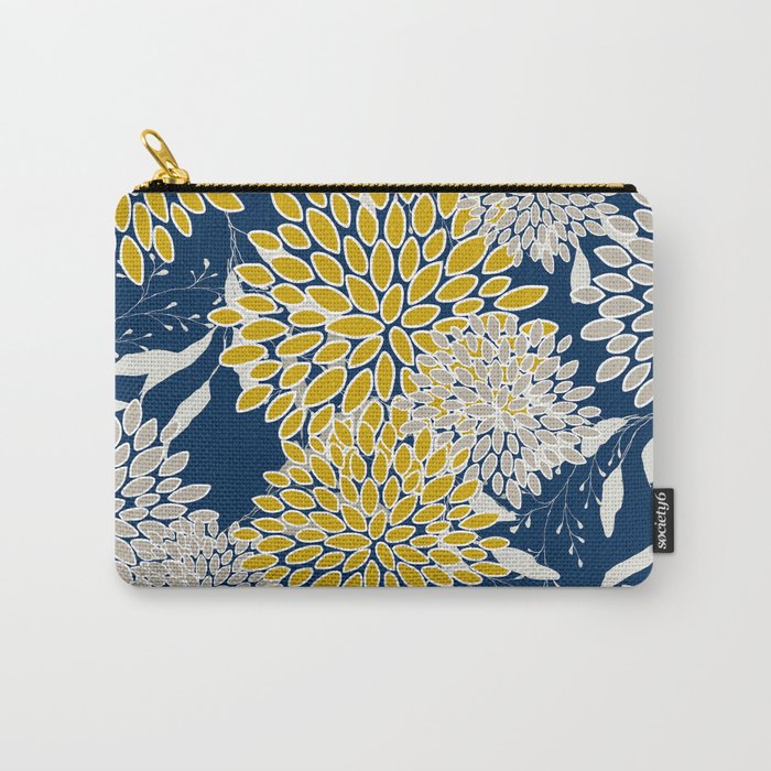 Floral Leaves and Blooms, Navy Blue, Yellow, Beige Carry-All Pouch