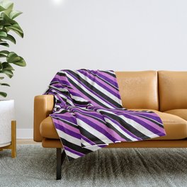 [ Thumbnail: Orchid, Indigo, White, and Black Colored Stripes/Lines Pattern Throw Blanket ]