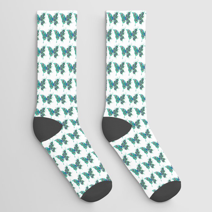 Butterfly with Green Peacock Feathers Socks