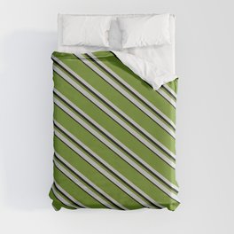 [ Thumbnail: Green, Light Grey, and Black Colored Pattern of Stripes Duvet Cover ]