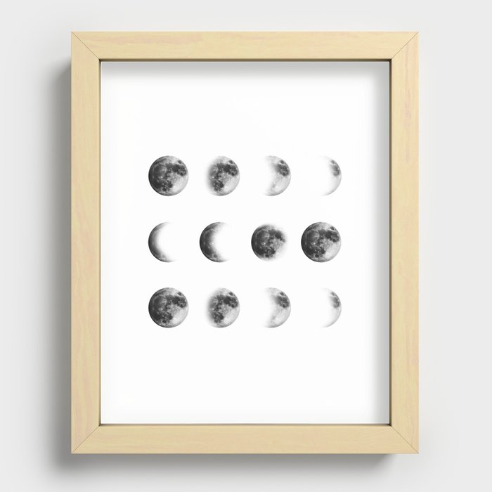 Moon Phases | Watercolor Painting | Black and White Recessed Framed Print