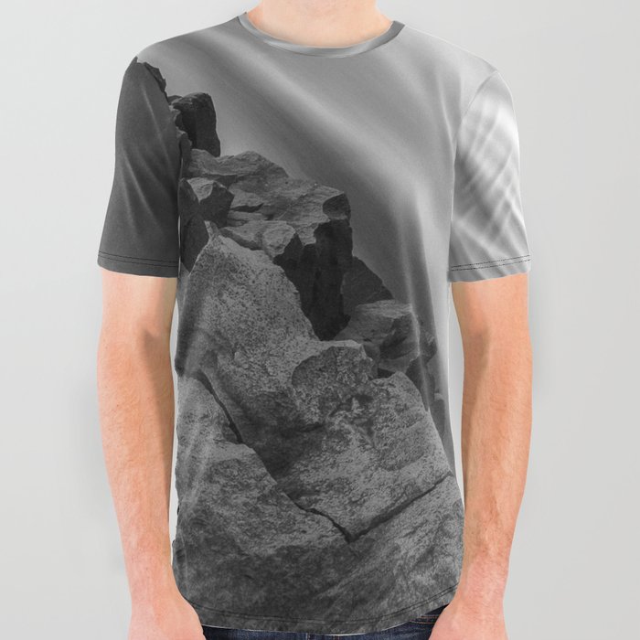 Time lapse photograph of waterfalls during daytime black and white art nature photography - photographs All Over Graphic Tee