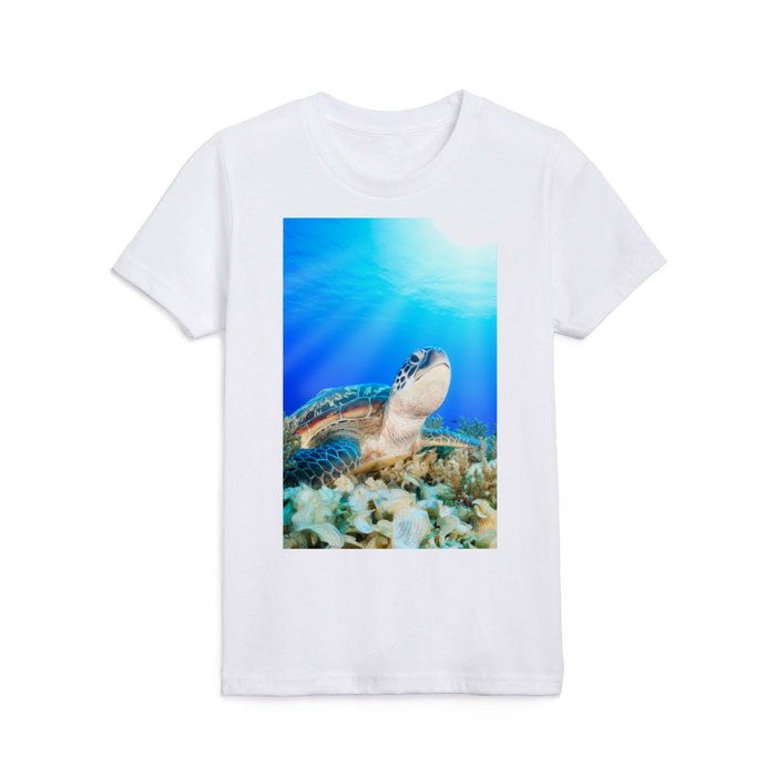 Green Sea Turtle In Tropical Coral Reef and Glowing Warm Sunbeams Animal / Wildlife / Coastal Nature Photograph Kids T Shirt