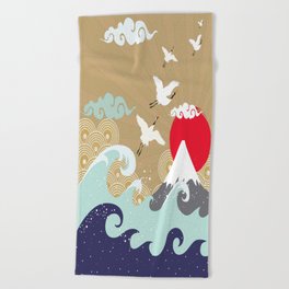 Japanese Traditional Art Crane Waves Beach Towel