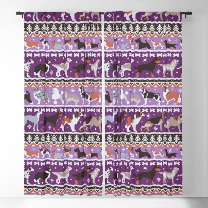Fluffy and bright fair isle knitting doggie friends // seance purple and east side violet background brown orange white and grey dog breeds  Blackout Curtain