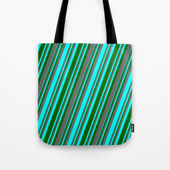 Aqua, Dark Green & Dim Grey Colored Lines/Stripes Pattern Tote Bag