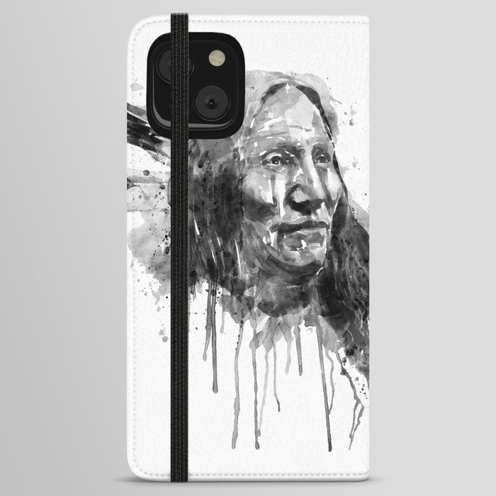 Native American Portrait Black and White iPhone Wallet Case