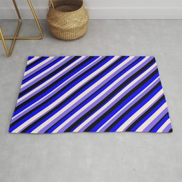 [ Thumbnail: Blue, Beige, Medium Slate Blue & Black Colored Stripes Pattern Rug ]