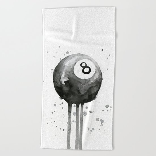 8-Ball Watercolor Black Pool Billiards Eight Ball Art Beach Towel