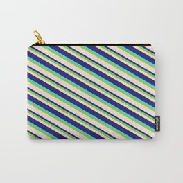 [ Thumbnail: Green, Beige, Midnight Blue & Turquoise Colored Lined/Striped Pattern Carry-All Pouch ]