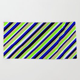 [ Thumbnail: Eye-catching Green, Lavender, Blue, Black, and Tan Colored Lined/Striped Pattern Beach Towel ]
